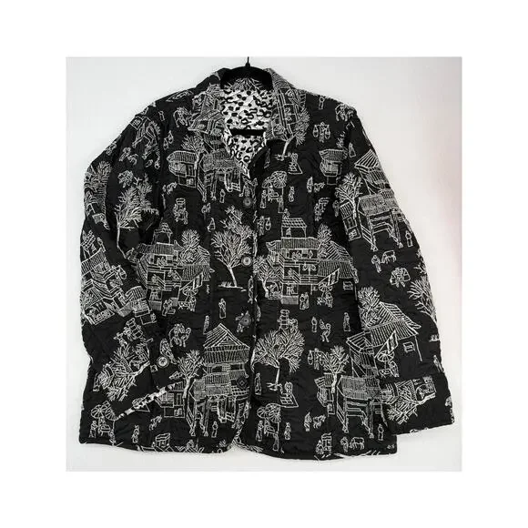 Chicos Pagoda Asian Black White Reversible Embroidered Jacket 4 XXL/20 - Picture 9 of 12